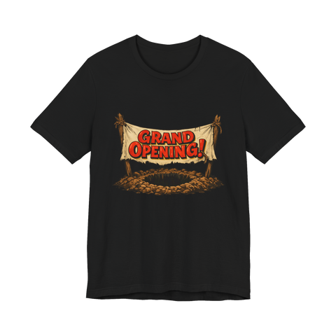 Grand Opening grave shirt featuring a funny dark humor design about a cemetery plot.