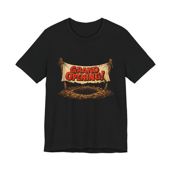 Grand Opening grave shirt featuring a funny dark humor design about a cemetery plot.