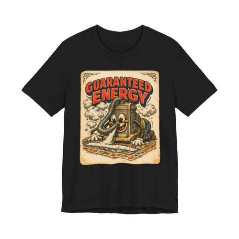 Vintage chromolithograph of a manic sentient vacuum cleaner eating dirt with the words Guaranteed Energy on a t-shirt