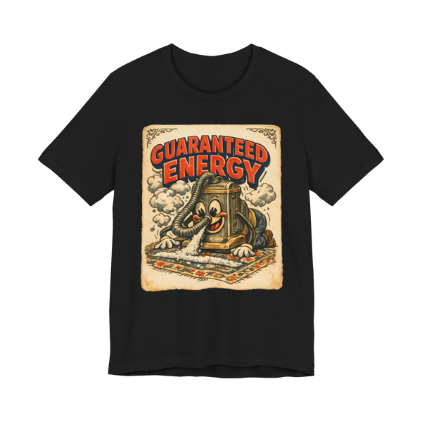 Vintage chromolithograph of a manic sentient vacuum cleaner eating dirt with the words Guaranteed Energy on a t-shirt