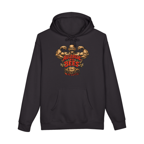 Flexing mustached strongman with a bee allergy chest tattoo: Allergic To Bees, on a hoodie — Black