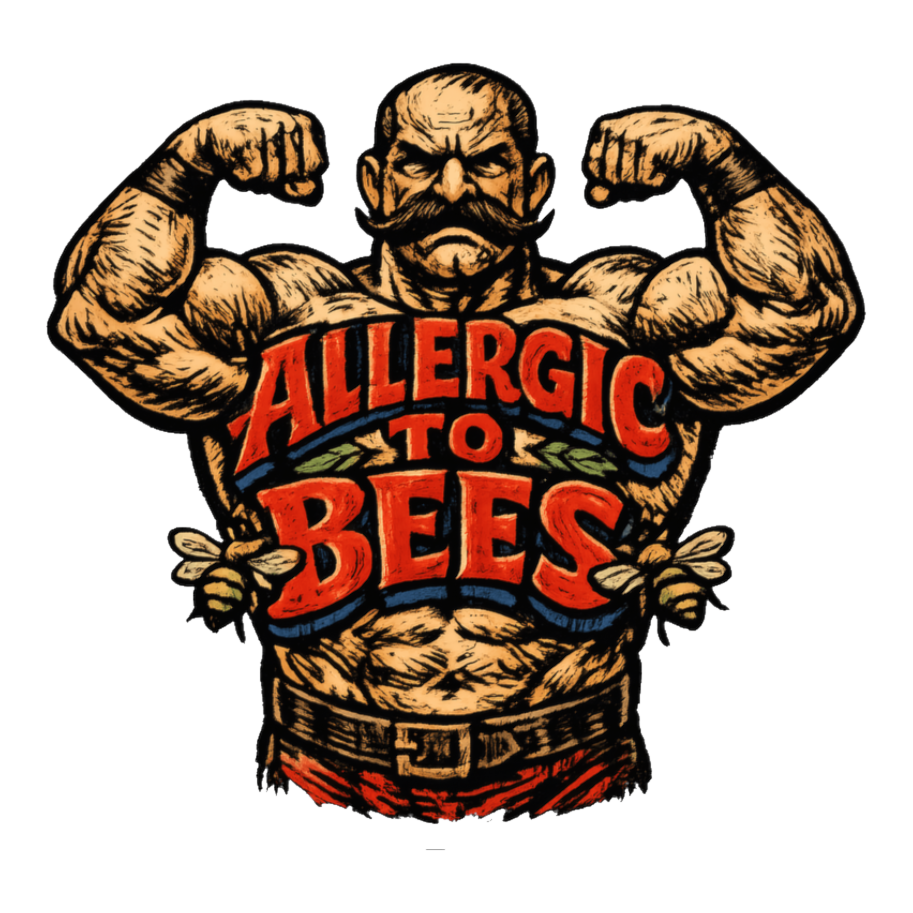 Flexing vintage strongman with a bee allergy chest tattoo: ALLERGIC TO BEES, on a sticker — White