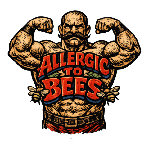 Flexing vintage strongman with a bee allergy chest tattoo: ALLERGIC TO BEES, on a sticker — White