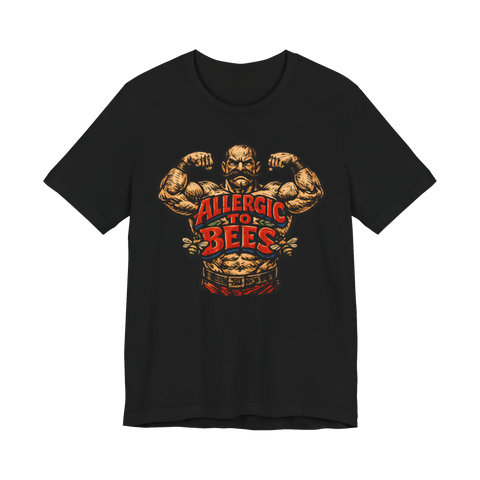 Flexing mustached strongman with a bee allergy chest tattoo: Allergic To Bees, on a t-shirt — Black