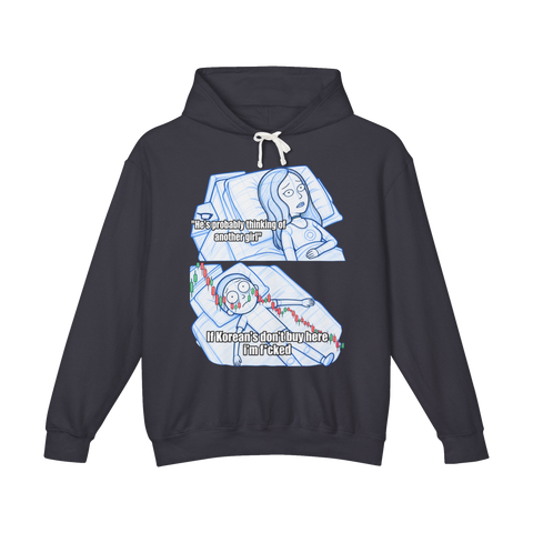He's Thinking About Shitcoins Hoodie — Funny Crypto Market Meme — Black