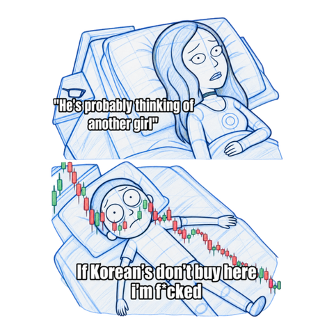 He's Thinking About Shitcoins Sticker — Funny Crypto Market Meme — White