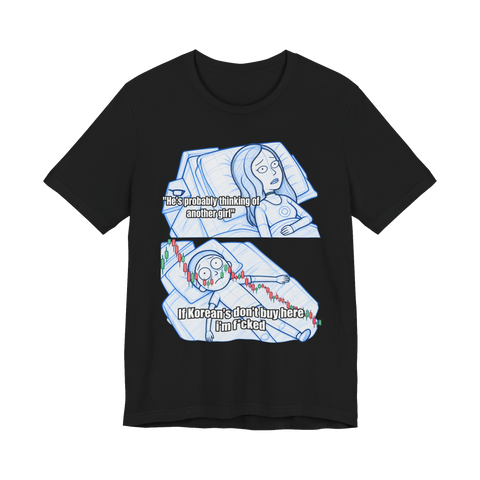 He's Thinking About Shitcoins T-Shirt — Funny Crypto Market Meme — Black