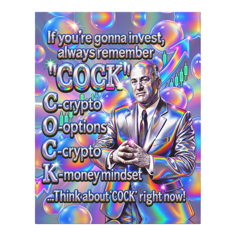 Kevin O'Leary beside a holographic acronym: C-crypto, O-options, C-crypto, K-money mindset, on canvas wall art