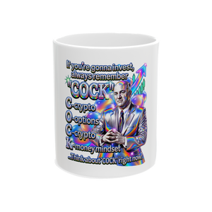 Kevin O'Leary beside a holographic acronym: C-crypto, O-options, C-crypto, K-money mindset, on a mug