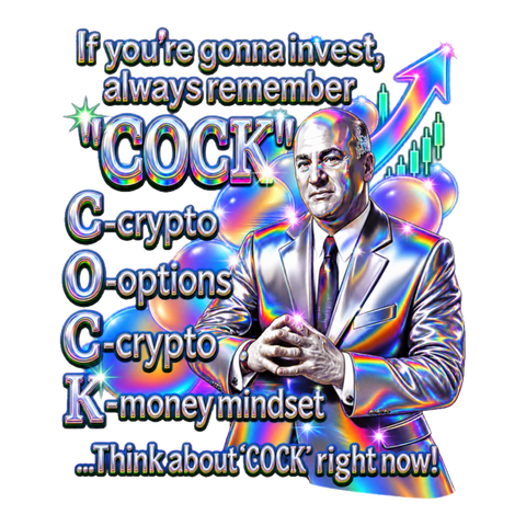 Kevin O'Leary beside a holographic acronym: C-crypto, O-options, C-crypto, K-money mindset, on a sticker — White