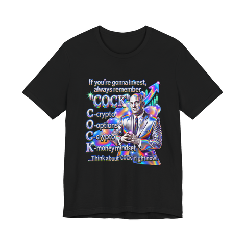 Kevin O'Leary beside a holographic acronym: C-crypto, O-options, C-crypto, K-money mindset, on a t-shirt