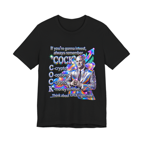 Kevin O'Leary beside a holographic acronym: C-crypto, O-options, C-crypto, K-money mindset, on a t-shirt — Black