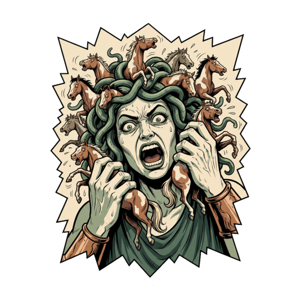 Medusa with tiny feral screaming horses instead of snake hair, representing the hold your horses idiom.