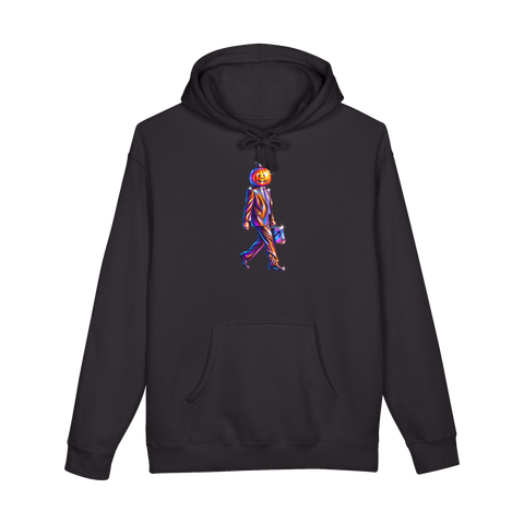 Chrome-shiny pumpkin head businessman in a suit striding with a briefcase, on a hoodie — Black