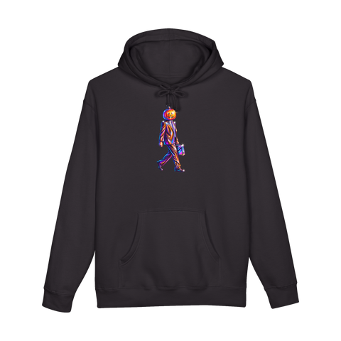 A hollowed-out jack-o-lantern in a corporate business suit on a hoodie, representing middle management.