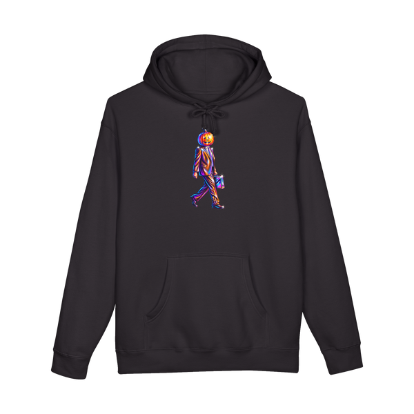 A hollowed-out jack-o-lantern in a corporate business suit on a hoodie, representing middle management.
