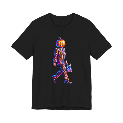 Chrome-shiny pumpkin head businessman in a suit striding with a briefcase, on a t-shirt — Black