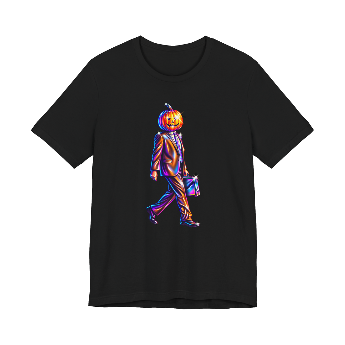 A jack-o-lantern pumpkin head wearing a corporate business suit on a t-shirt