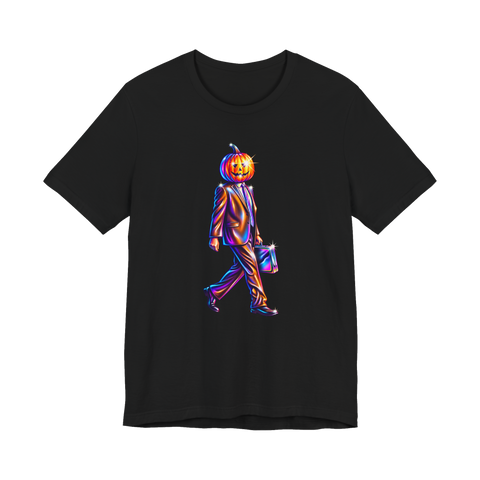 A jack-o-lantern pumpkin head wearing a corporate business suit on a t-shirt