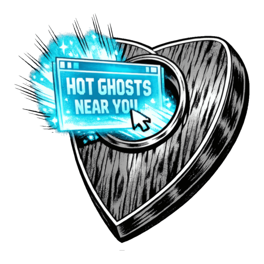 Ouija board planchette beaming a glowing Hot Ghosts Near You pop-up ad, on a sticker — White
