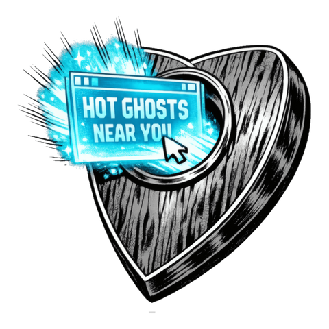 Ouija board planchette beaming a glowing Hot Ghosts Near You pop-up ad, on a sticker — White