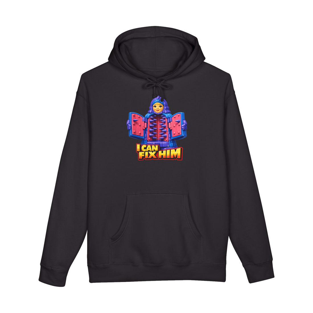 I Can Fix Him Hoodie — Iron Maiden Torture Device Red Flag Toxic — Black