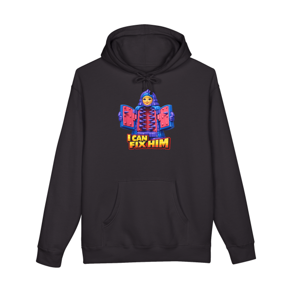 An iron maiden medieval torture device graphic on a hoodie with the text I Can Fix Him
