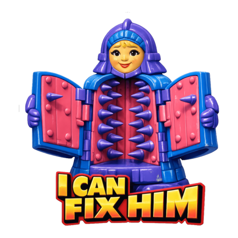 Smiling toy-style iron maiden opening its spiked doors for a hug, captioned I CAN FIX HIM, on a sticker — White