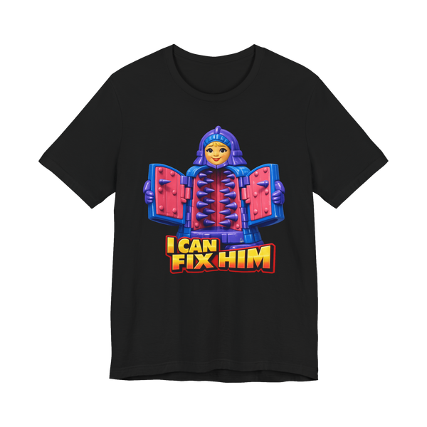 Funny I Can Fix Him t-shirt featuring a medieval iron maiden torture device, perfect for people who ignore red flags.