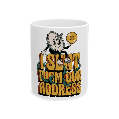 I Doxxed Earth funny coffee mug featuring a vintage rubber hose character admitting to giving aliens our coordinates