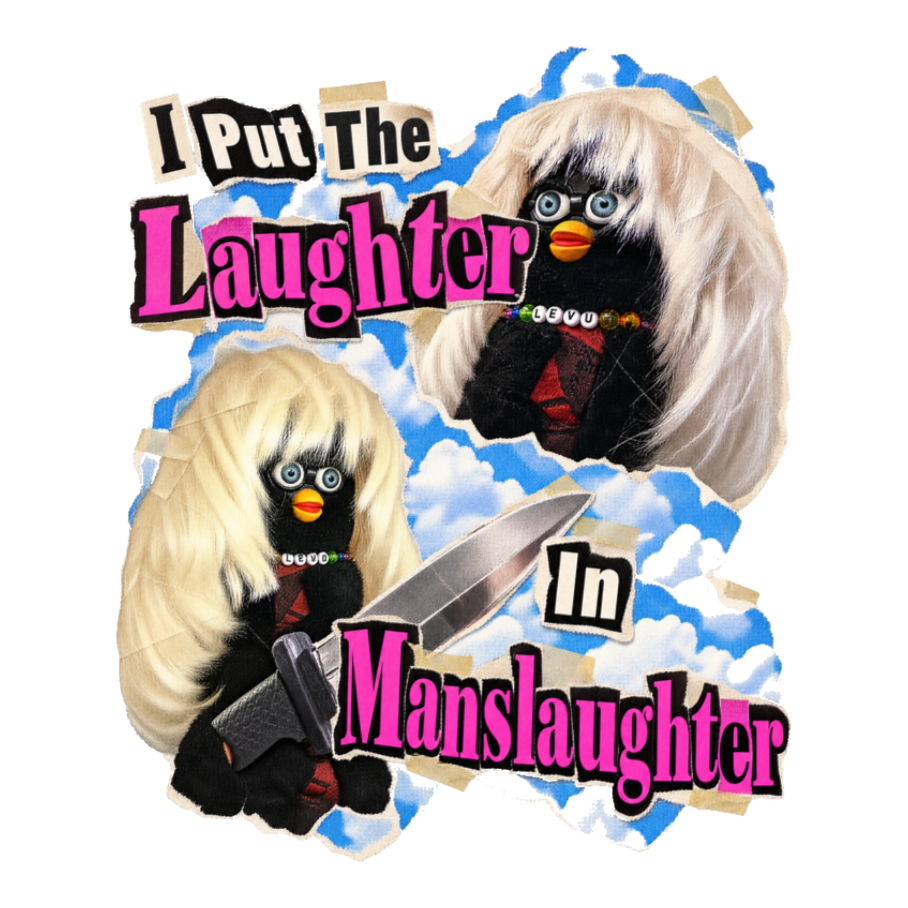 I Put The Laughter In Manslaughter Sticker — Furby True Crime Y2K Dark — White