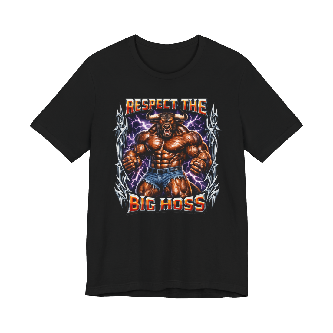 Jacked Minotaur Tiny Shorts T-Shirt — Funny Muscular Minotaur Meme — Black