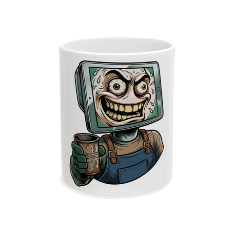 A funny coffee mug featuring a rabid iPad point of sale tip screen meme, perfect for tired coffee shop customers.