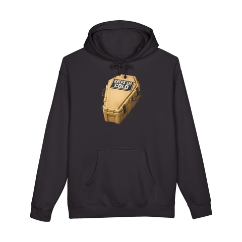 A hoodie featuring a graphic of a coffin serving as an ice cooler filled with drinks, text reads Keeps 'Em Cold
