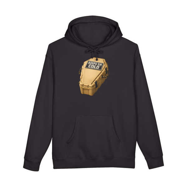 A hoodie featuring a graphic of a coffin serving as an ice cooler filled with drinks, text reads Keeps 'Em Cold