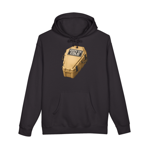 Coffin built like a Yeti cooler, rope handles and latches, lid badge reads KEEPS 'EM COLD, on a hoodie — Black