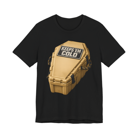 A funny graphic t-shirt featuring a coffin-shaped cooler with the text Keeps 'Em Cold.