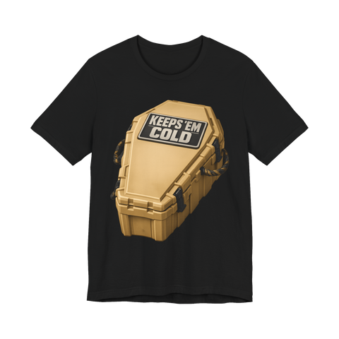 Coffin built like a Yeti cooler, rope handles and latches, lid badge reads KEEPS 'EM COLD, on a t-shirt — Black
