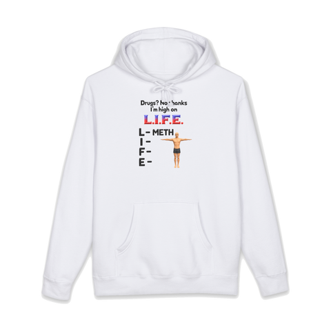 T-posing low poly man beside a high on life acrostic where L stands for METH, on a hoodie — White