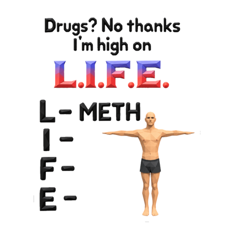 Low poly man T-posing with the text L is for Meth High, on a sticker — White