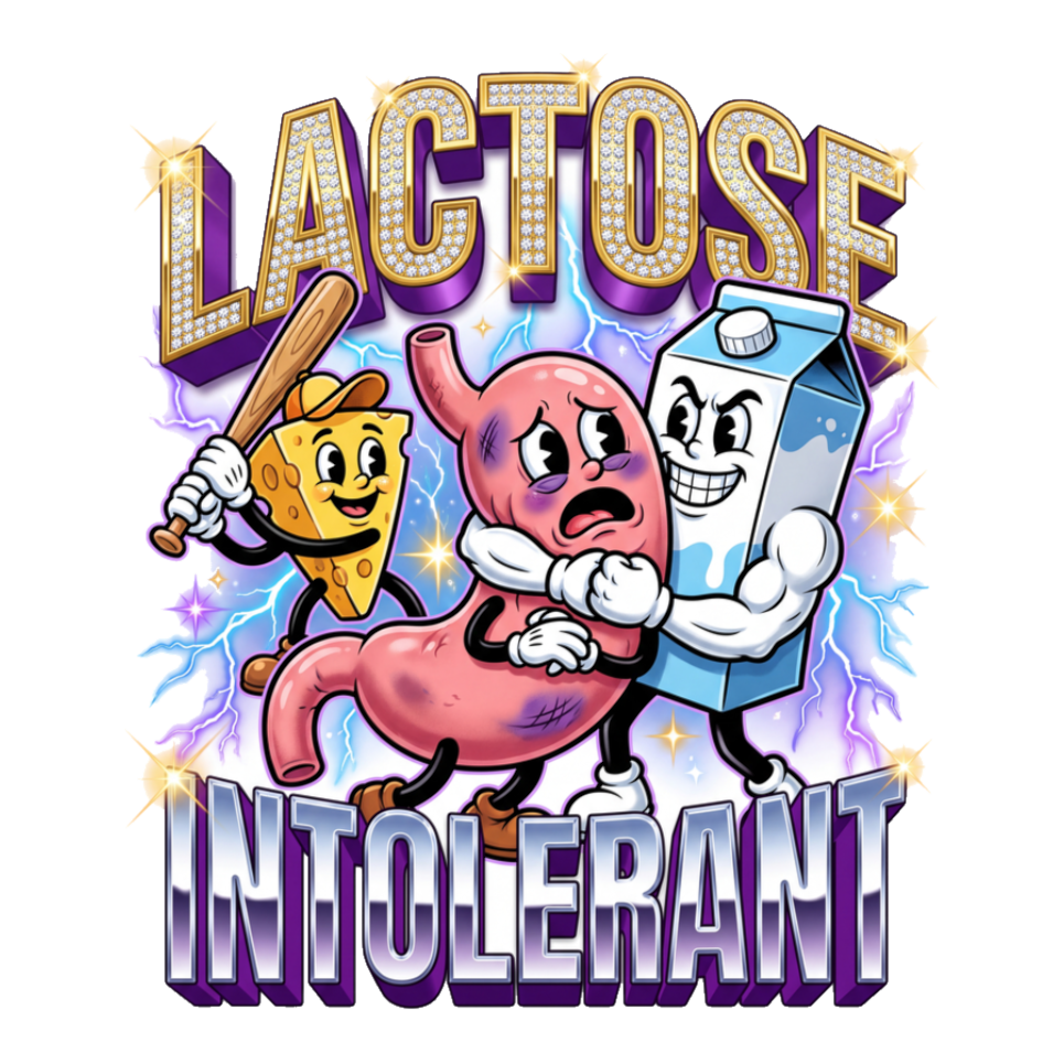 Cartoon cheese and milk carton beating up a stomach: lactose intolerance as a gang war, on a sticker — White