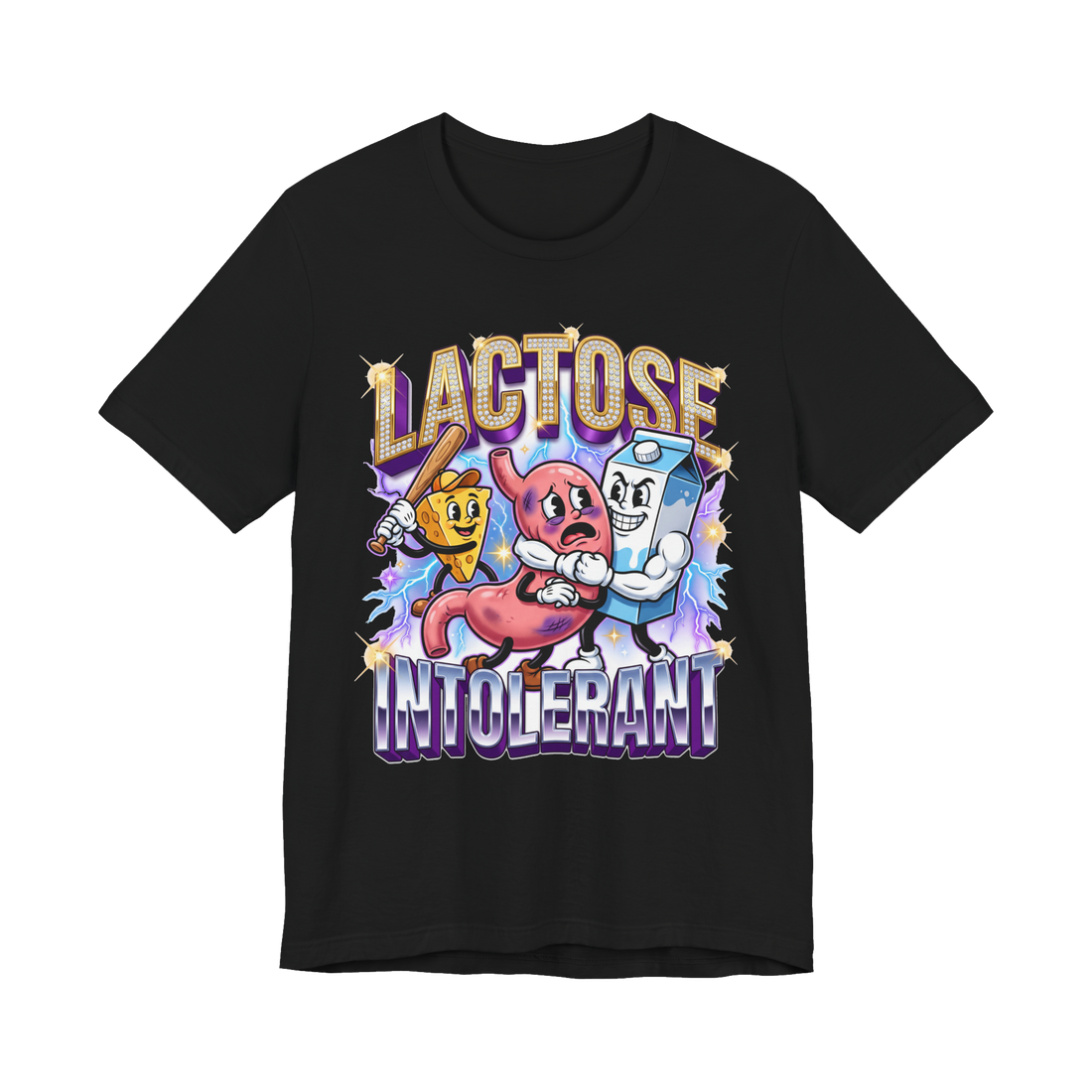 Cheese and milk carton beating up a stomach, lactose intolerance as a gang fight, on a t-shirt — Black