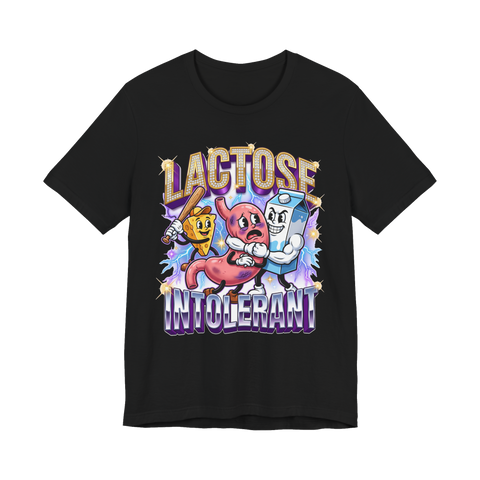 Cheese and milk carton beating up a stomach, lactose intolerance as a gang fight, on a t-shirt — Black