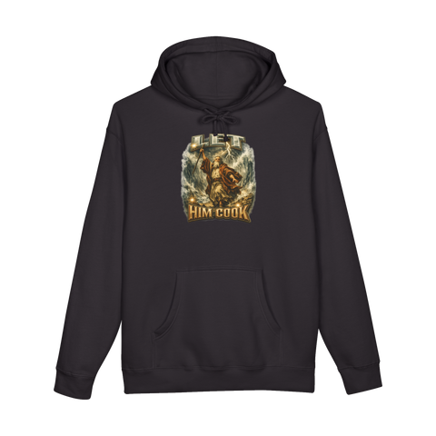 90s bootleg rap aesthetic graphic of Moses parting the Red Sea with text Let Him Cook on a hoodie
