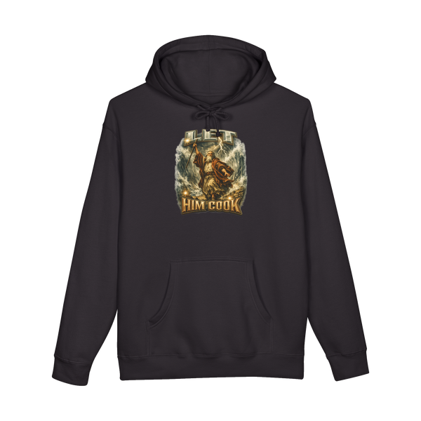 90s bootleg rap aesthetic graphic of Moses parting the Red Sea with text Let Him Cook on a hoodie