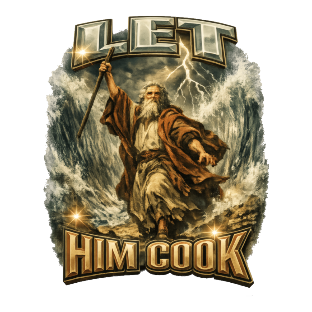 Moses parting the Red Sea with his staff under Let Him Cook, on a sticker — White
