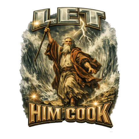 Moses parting the Red Sea with his staff under Let Him Cook, on a sticker — White