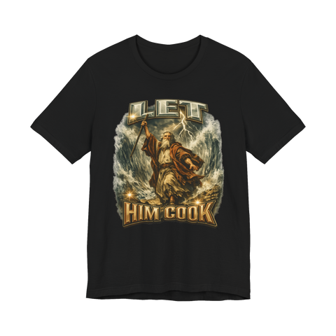 90s bootleg rap style graphic tee featuring Moses parting the Red Sea with the text Let Him Cook