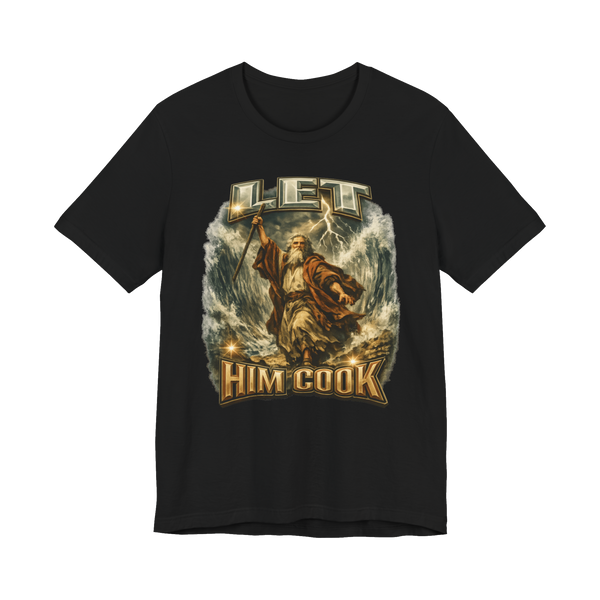 90s bootleg rap style graphic tee featuring Moses parting the Red Sea with the text Let Him Cook