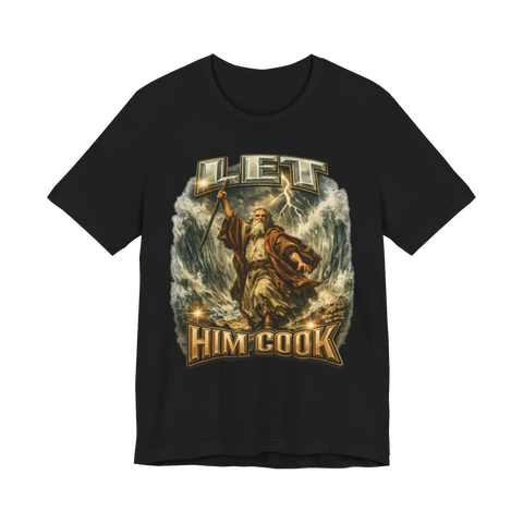 90s bootleg rap tribute of Moses parting the Red Sea under LET HIM COOK, on a t-shirt — Black